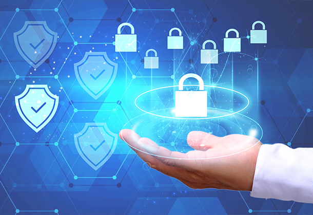 Open hand with secure locks and logos in background